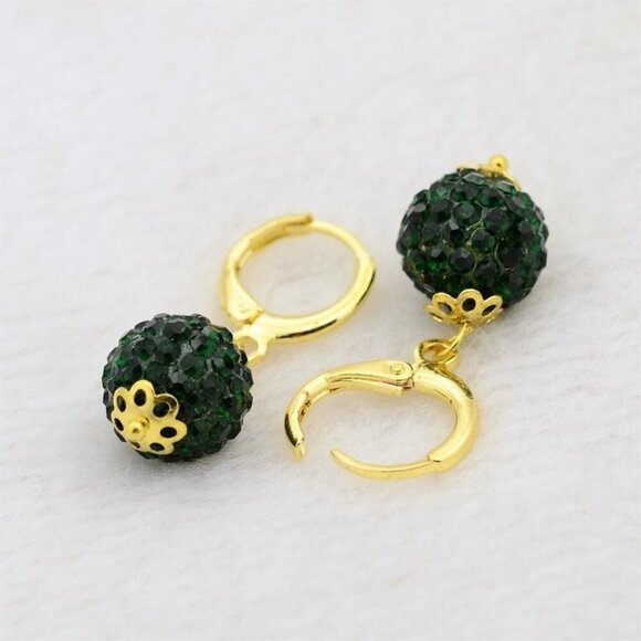 Elegant Emerald Austrian Crystal Ball Dangle Green and Gold Earrings - Picture 1 of 2